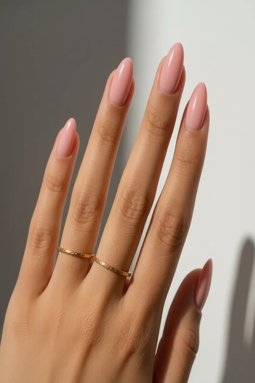 Uñas largas almendradas en tono rosa nude brillante con anillo dorado