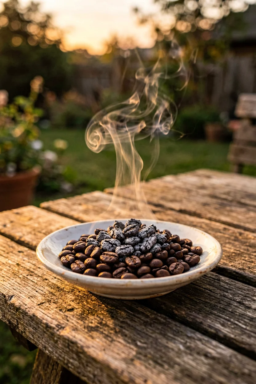 Pequeño cuenco con posos de café quemados humeando sobre una mesa de terraza al atardecer