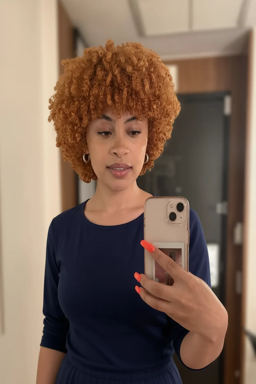 Mujer con cabello rizado rubio cobrizo corto y voluminoso tomándose selfie en el espejo