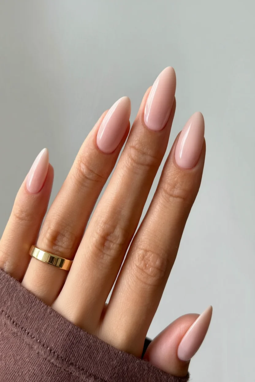 Uñas largas forma stiletto en tono nude rosado con brillo intenso