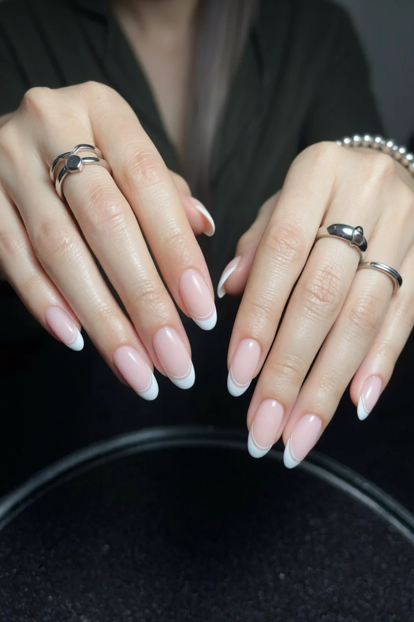 Uñas ovaladas con base nude rosa y punta blanca francesa