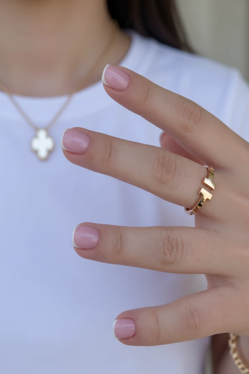 Mano con uñas cortas cuadradas efecto francés en tono rosa pastel