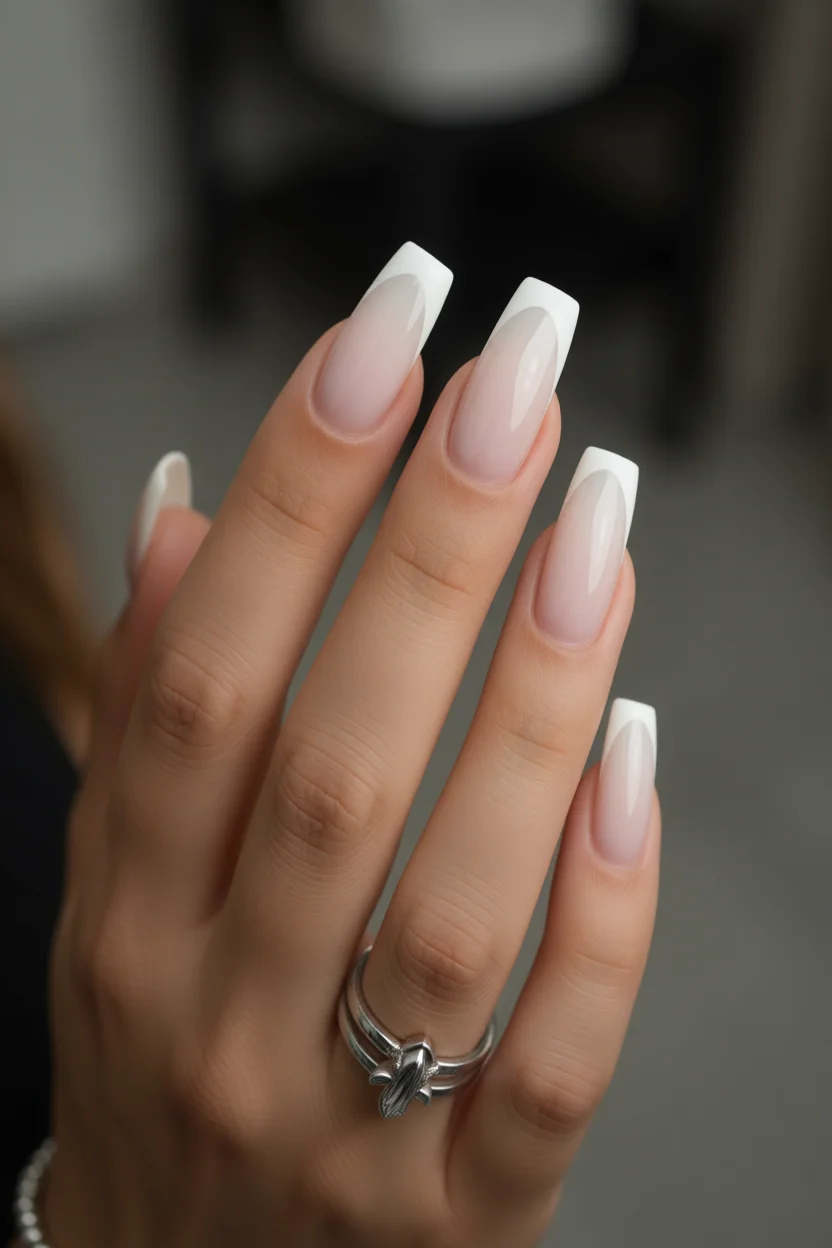Uñas cuadradas largas con diseño francés clásico