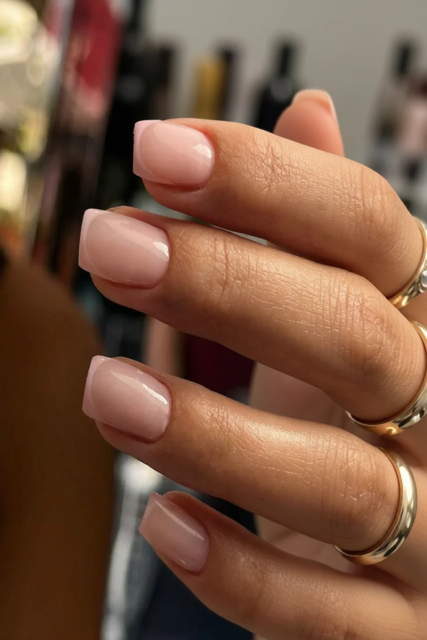 Uñas cortas cuadradas esmaltadas en color nude rosado con brillo