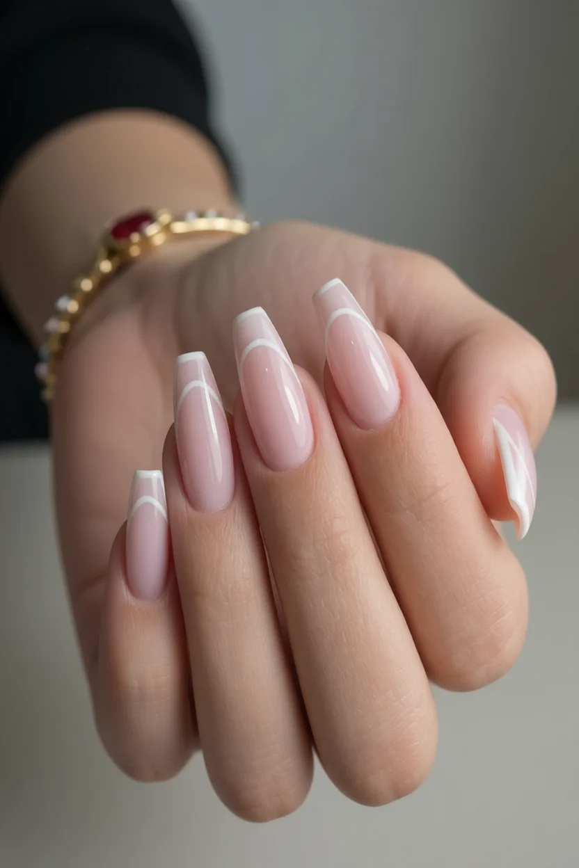Uñas coffin rosadas con líneas blancas curvas en los extremos