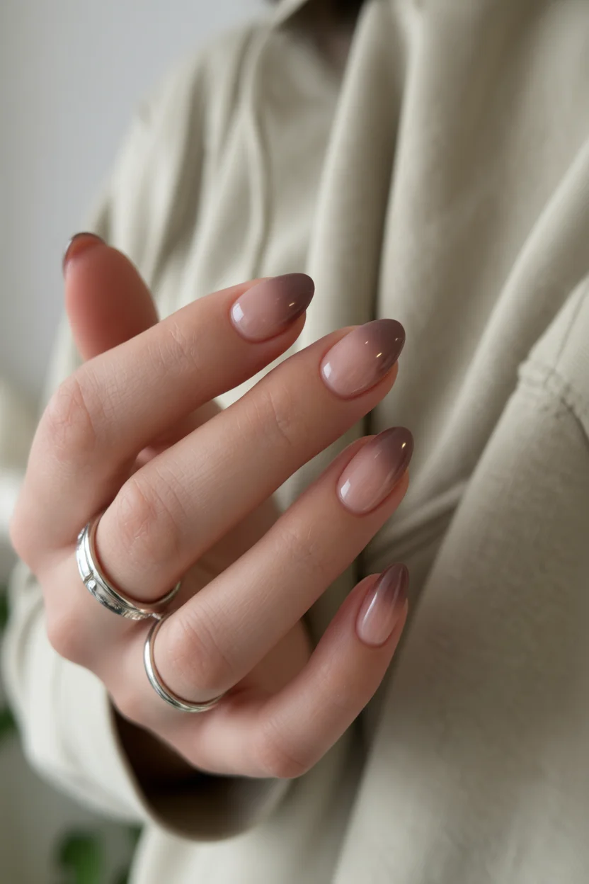Uñas ovaladas con efecto degradado nude a tono taupe