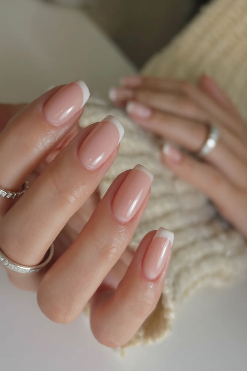 Primer plano de uñas en forma de almendra con diseño francés clásico sobre base nude