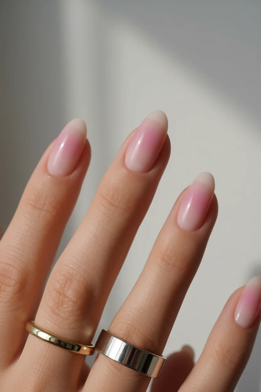 Primer plano de uñas almendradas con degradado rosa y blanco natural