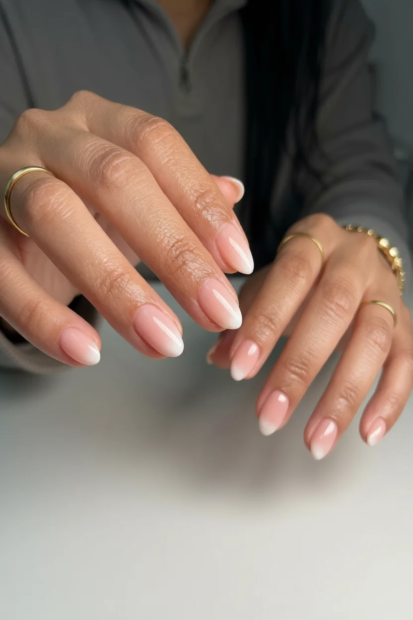 Manos con uñas almendradas francesas en tonos nude y blanco