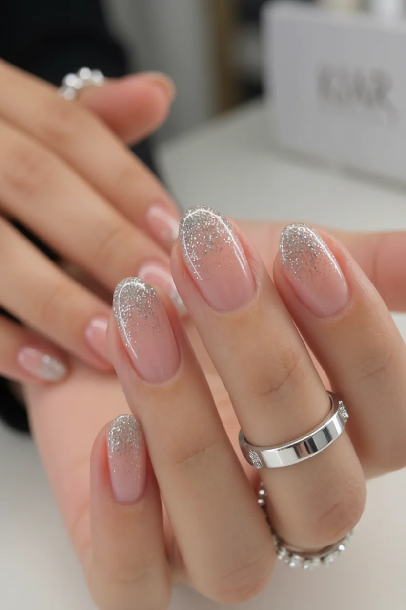 Uñas ovaladas con base nude y degradado de brillo plateado en las puntas