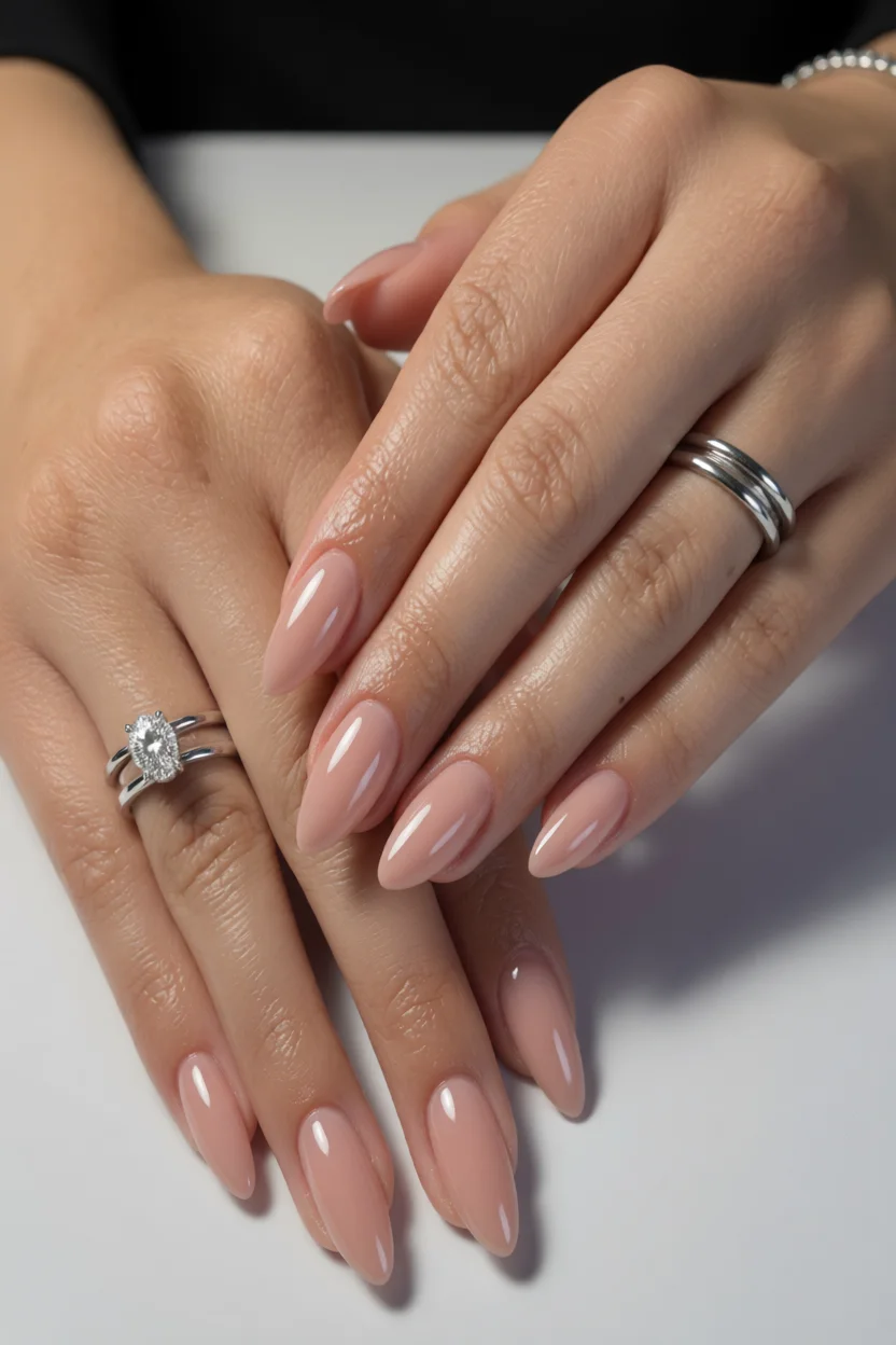 Uñas largas almendradas color nude con brillo intenso y manos con anillos