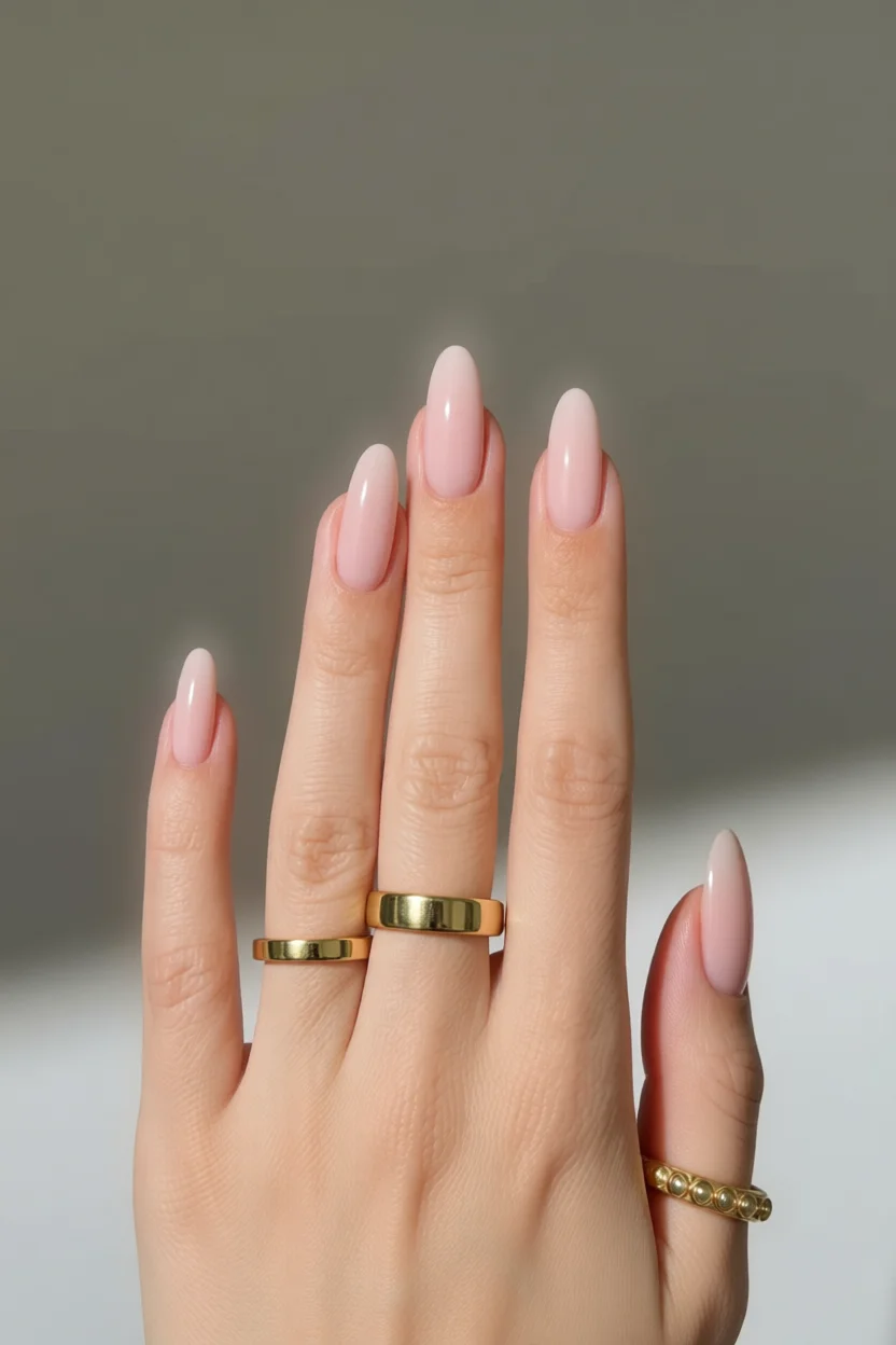 Uñas largas en forma de almendra con diseño français en tono rosa nude brillante