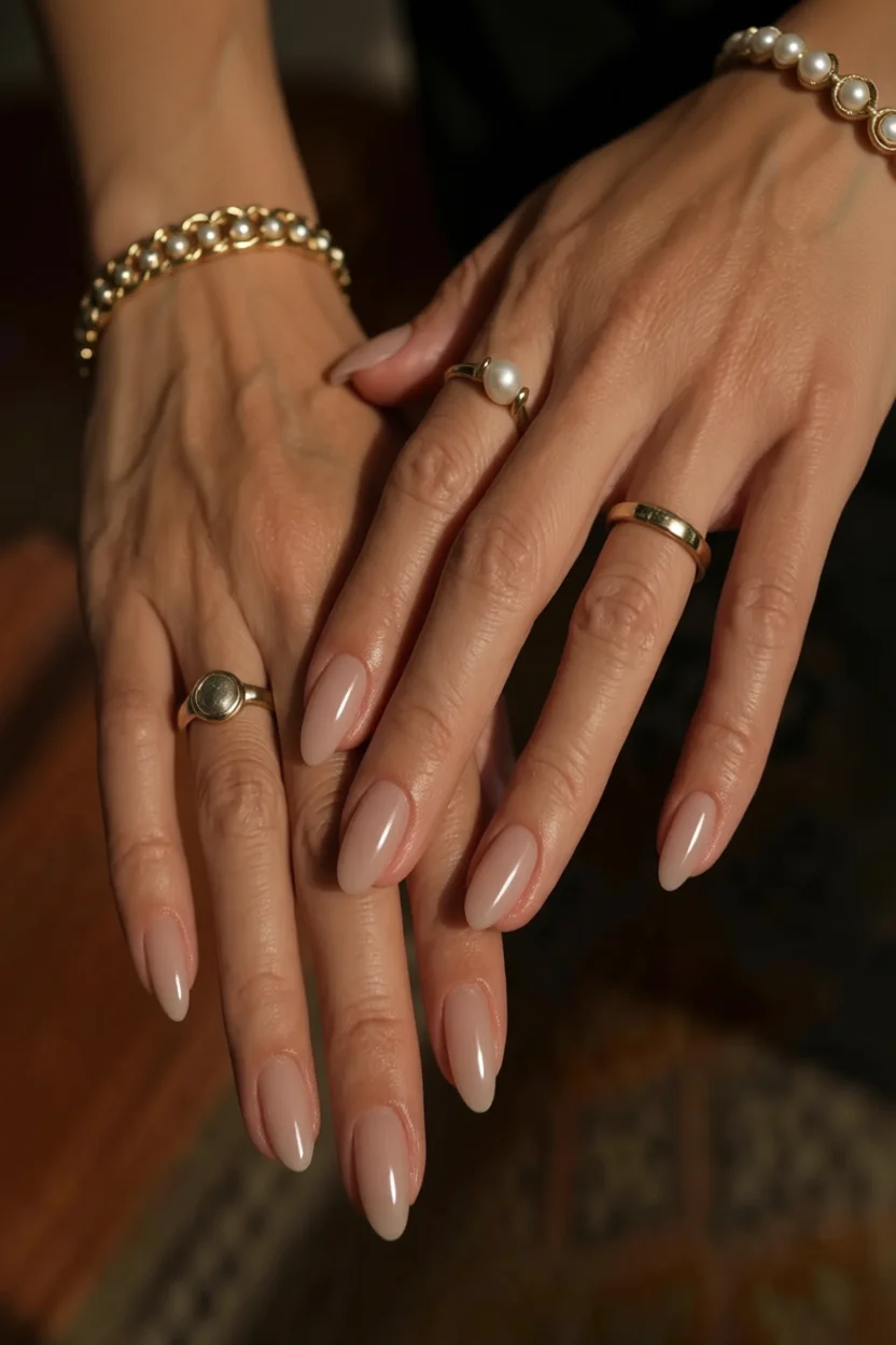 Manos con uñas almendradas nude brillante y accesorios de oro con perlas