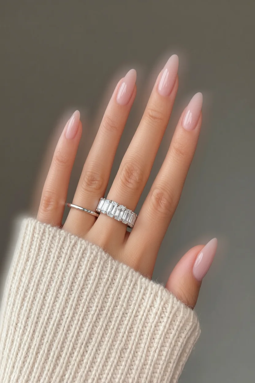 Uñas largas en forma de almendra con esmalte nude rosado brillante