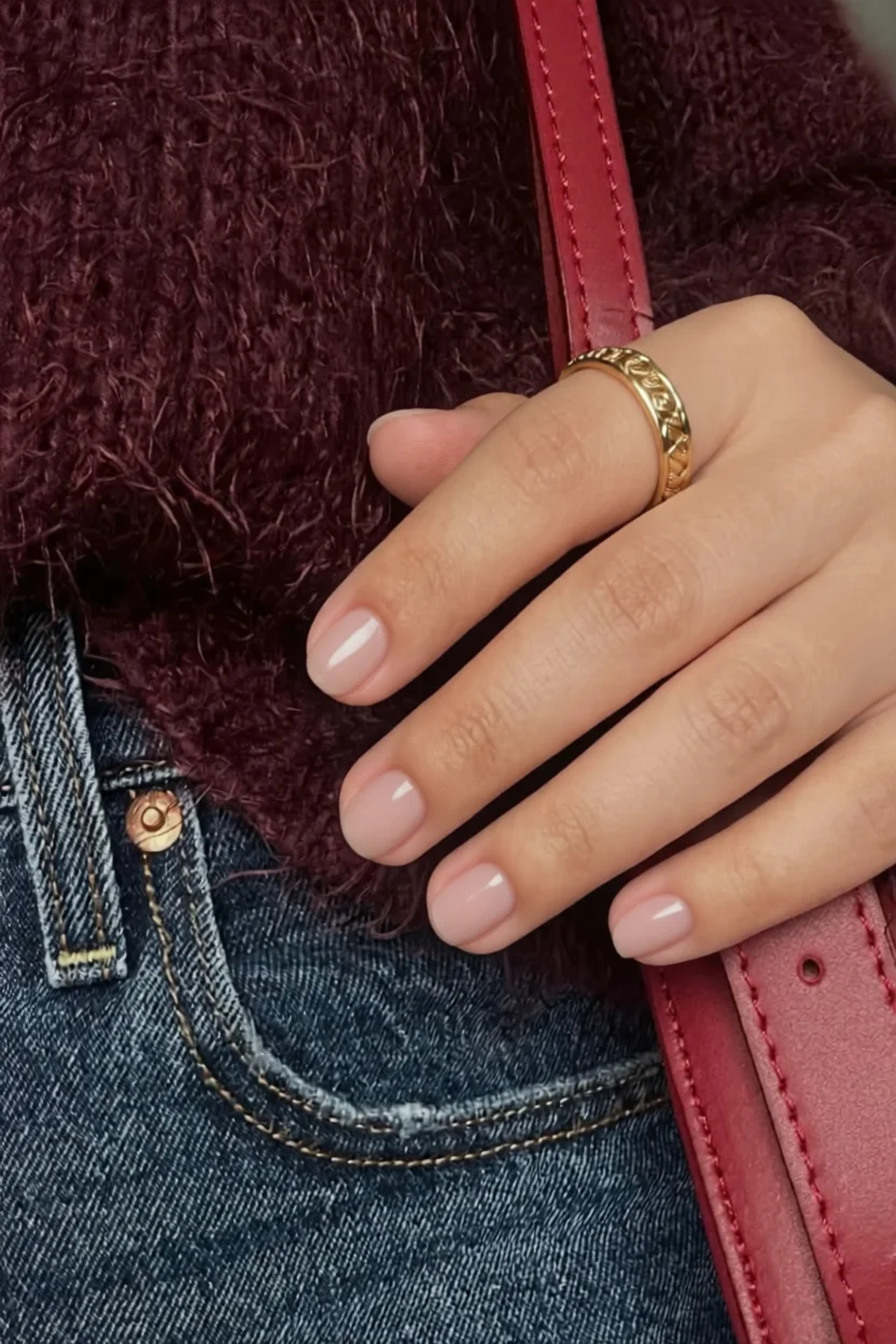 Uñas cortas ovaladas en tono nude rosado brillante