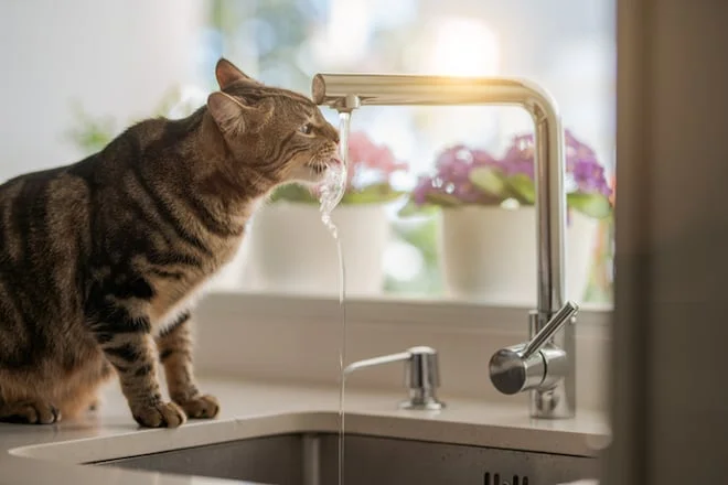Gato junto a un grifo abierto