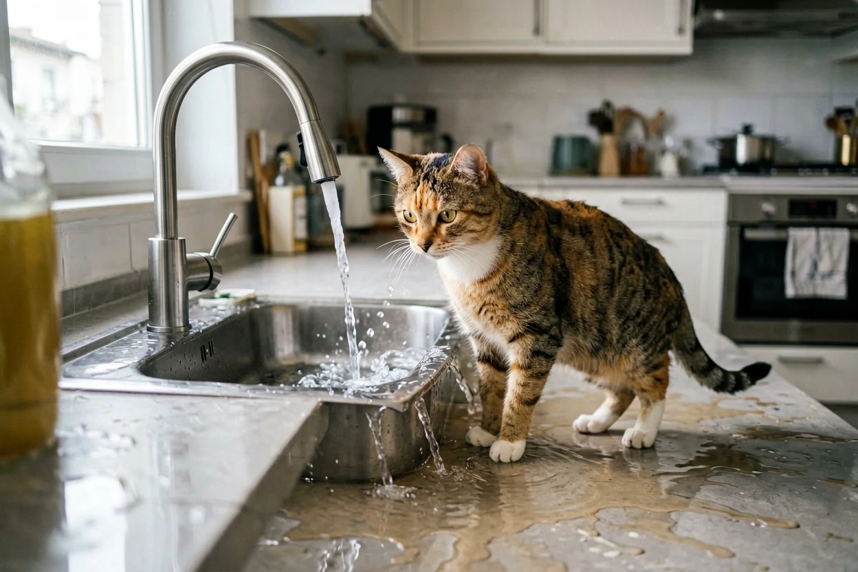 Su gato abre un grifo mientras está sola en casa y termina provocando una inundación en el apartamento