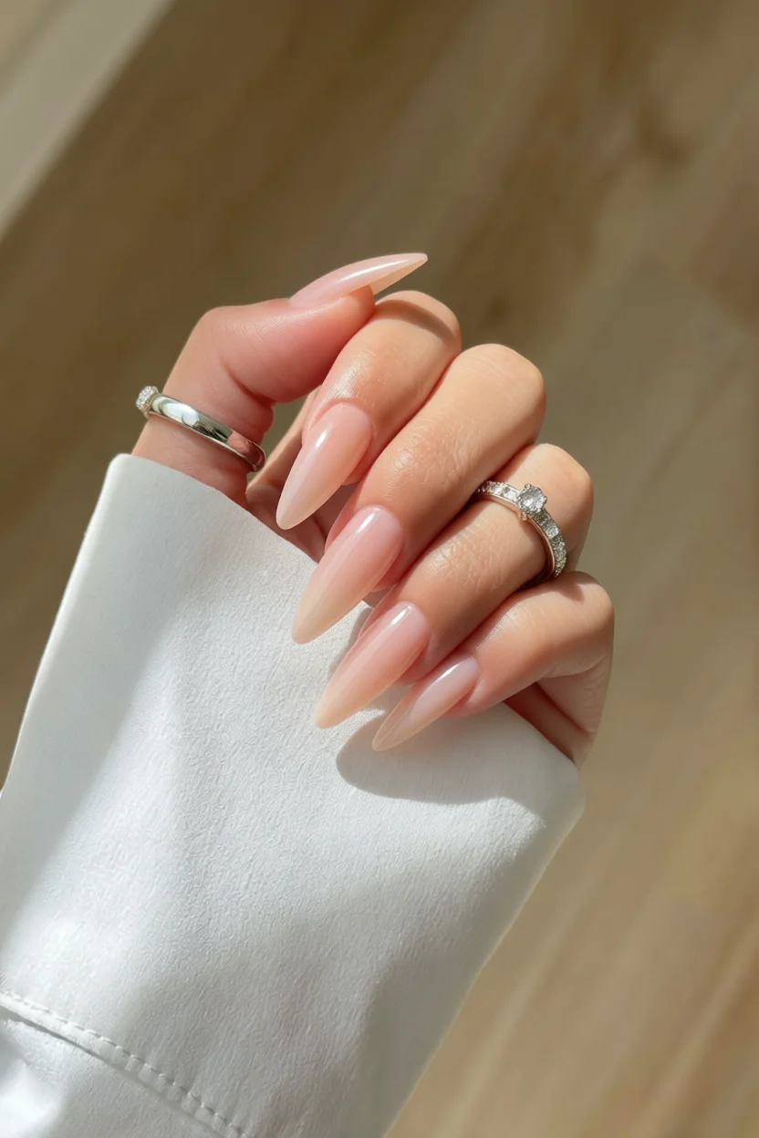 Mano con uñas puntiagudas largas en tono rosa nude con degradado y brillo