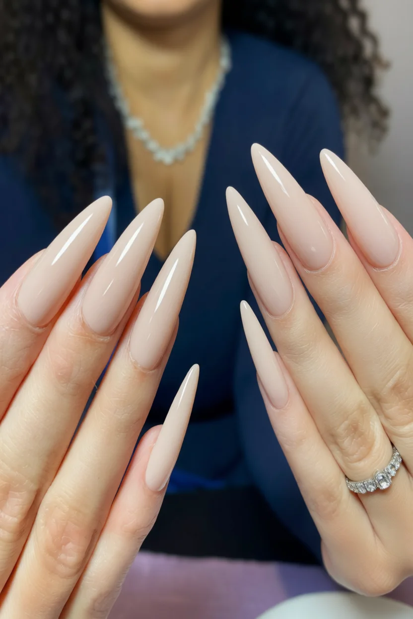 Uñas estilete nude largo con acabado brillante y puntas muy puntiagudas