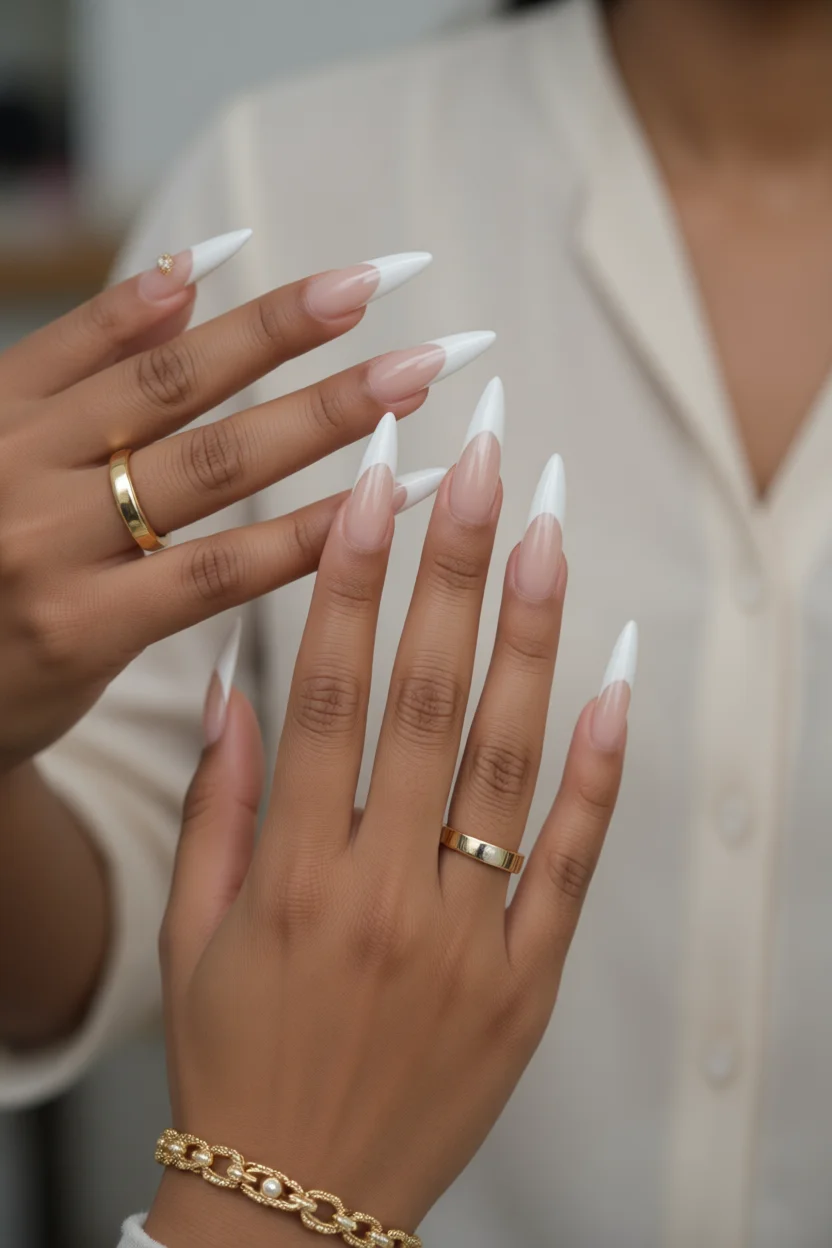 Uñas stileto largas con punta francesa blanca y base nude, anillos dorados y pulsera de perlas