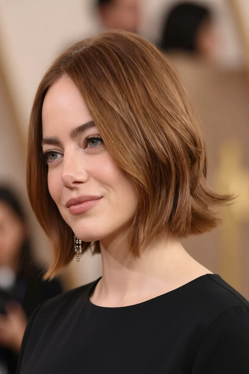 Corte bob largo con capas y color caramelo en mujer