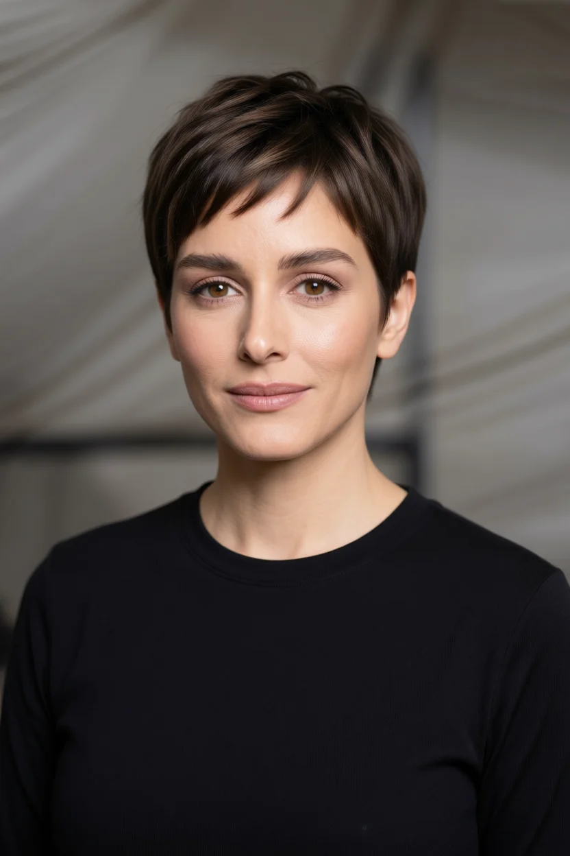 mujer con corte pixie ultra corto texturizado y capas suaves en tono castaño