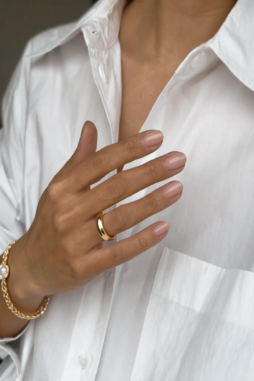 Uñas cortas ovaladas con esmalte nude y anillo dorado