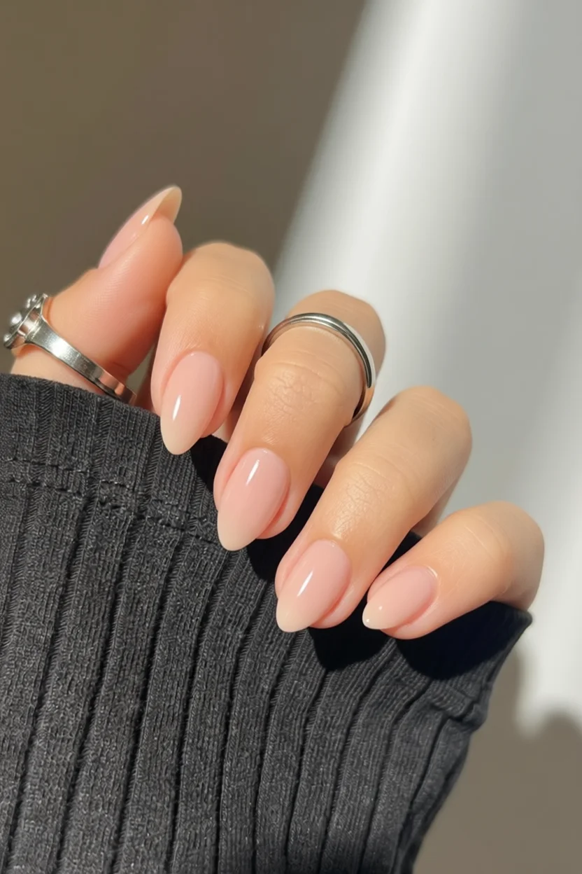 Uñas cortas forma almendrada en tono nude brillante con mano sobre tejido gris