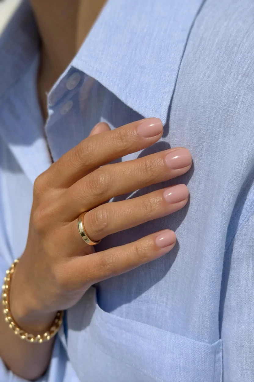 Uñas cortas cuadradas con esmalte nude brillante sobre camisa azul