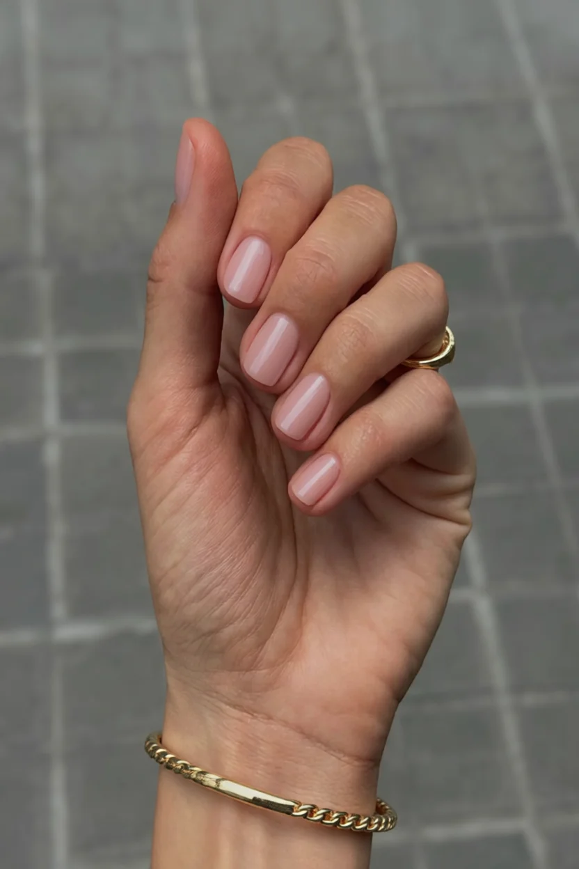 Uñas cortas redondeadas con esmalte nude rosado brillante