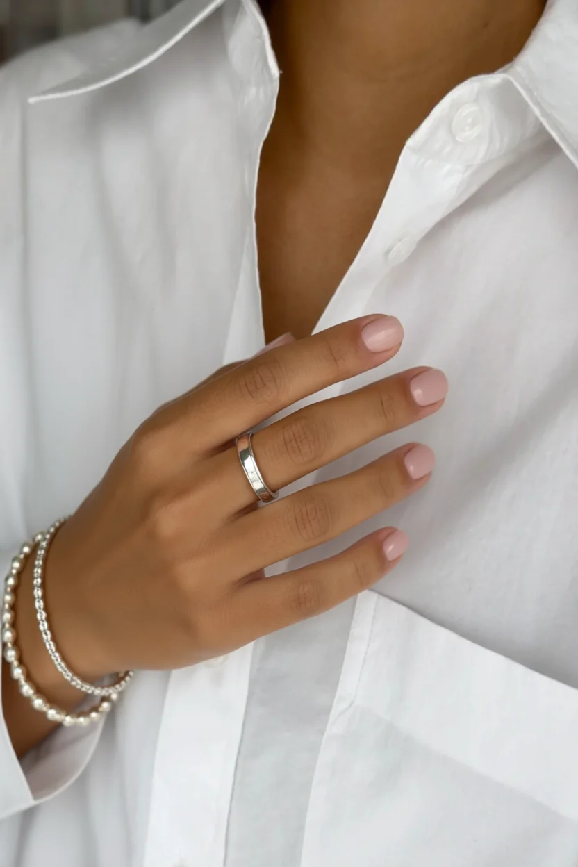 Mano con uñas cortas esmaltadas en rosa nude sobre camisa blanca