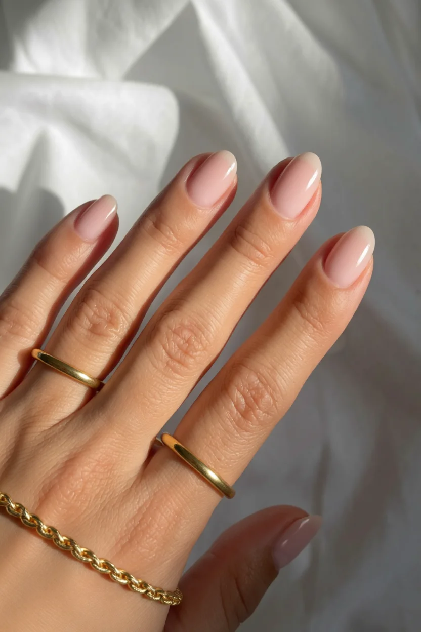 Mano con uñas cortas ovaladas en diseño francés suave color rosado con brillo natural