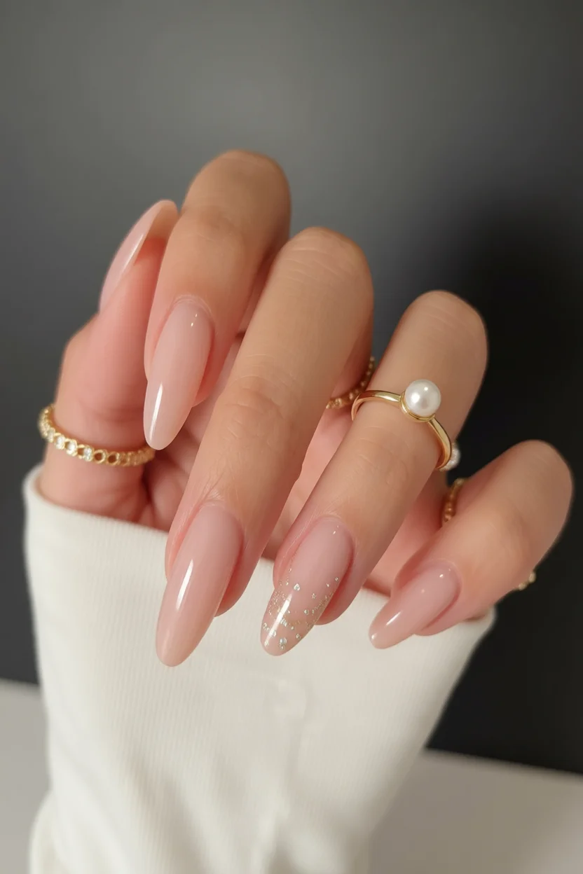 Mano con uñas largas forma almendra color nude brillante y un dedo con aplicación de purpurina delicada