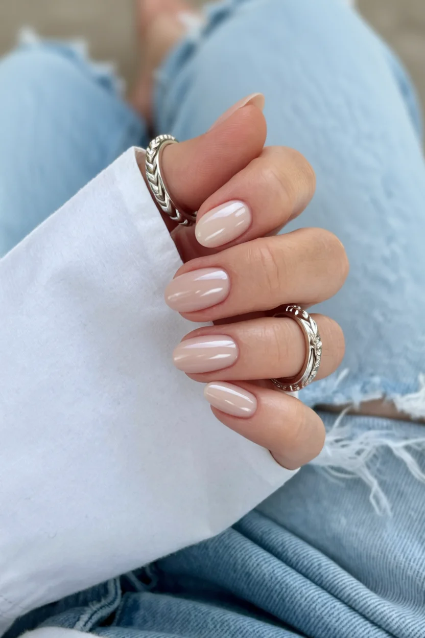 Mano con uñas cortas en forma almendrada y esmalte nude brillante con acabado glossy
