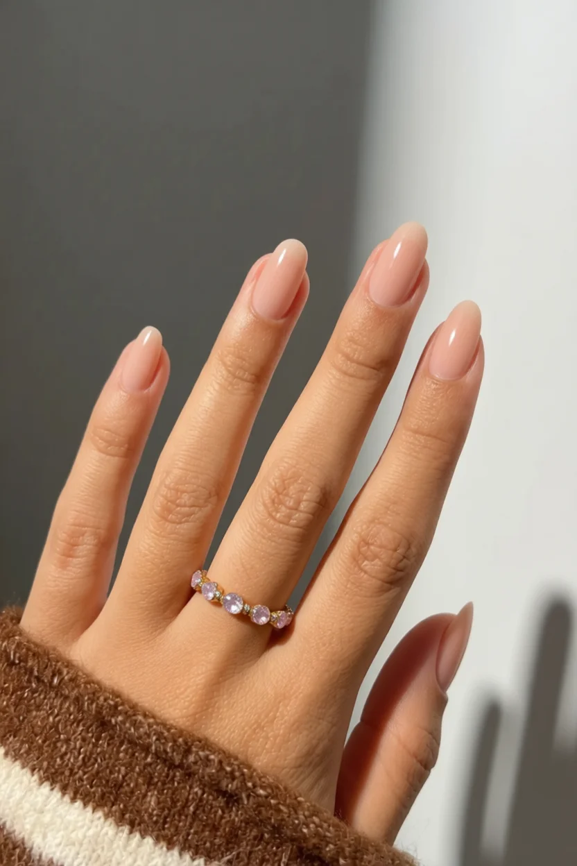 Mano con uñas cortas naturales pintadas de nude brillante con forma ovalada
