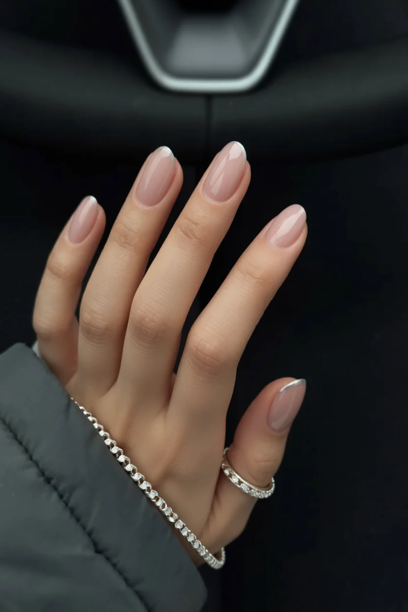 Mano con uñas cortas ovaladas estilo francés nude