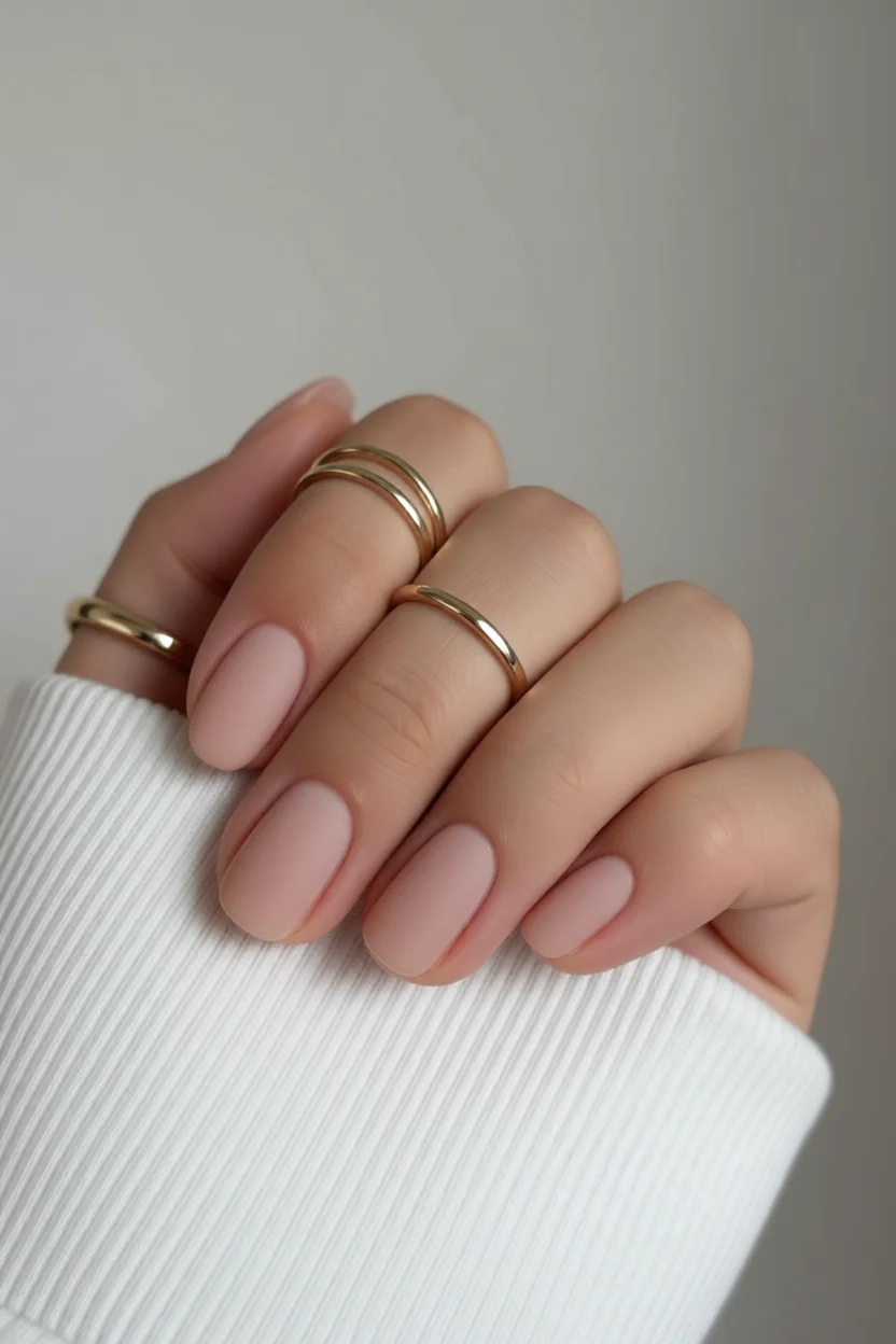 Mano con uñas cortas ovaladas en nude mate y anillos dorados