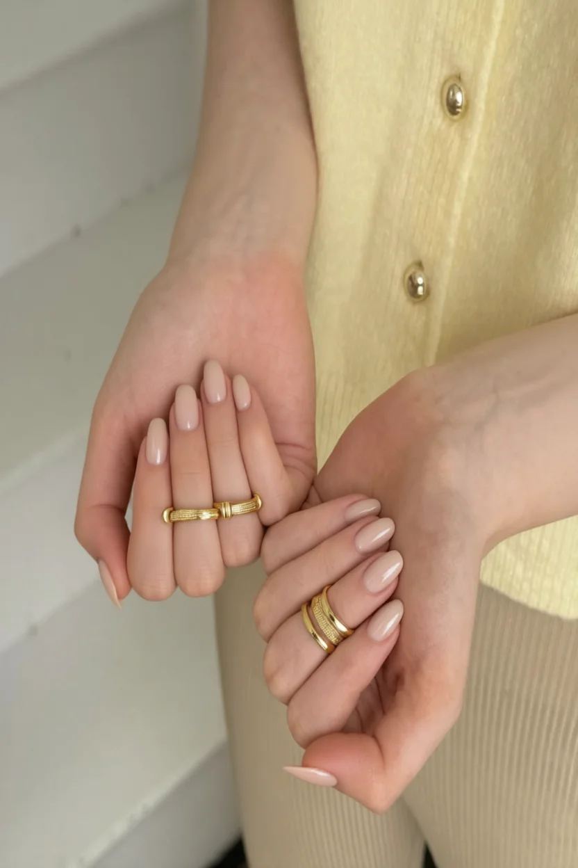 Manos con uñas cortas en tono nude cremoso, forma almendrada elegante