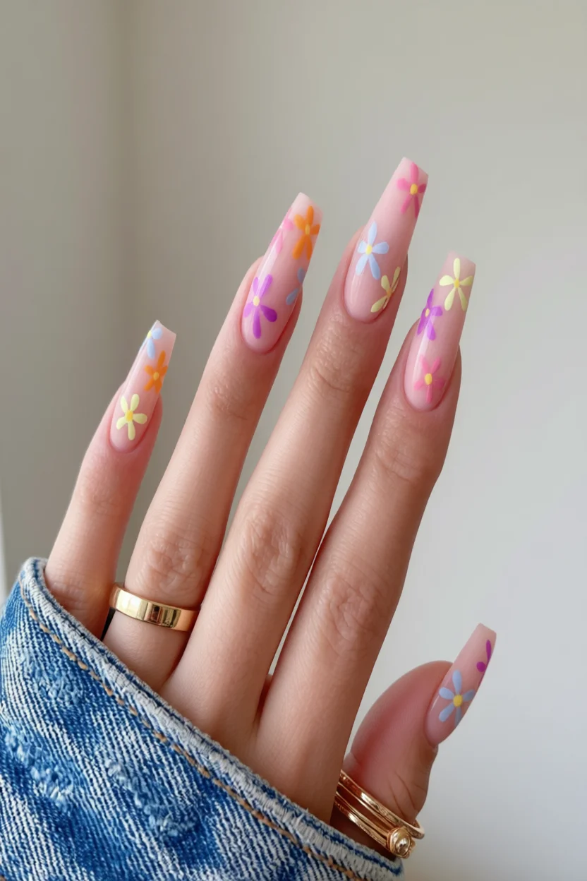 Uñas coffin rosas con flores pintadas en colores pastel