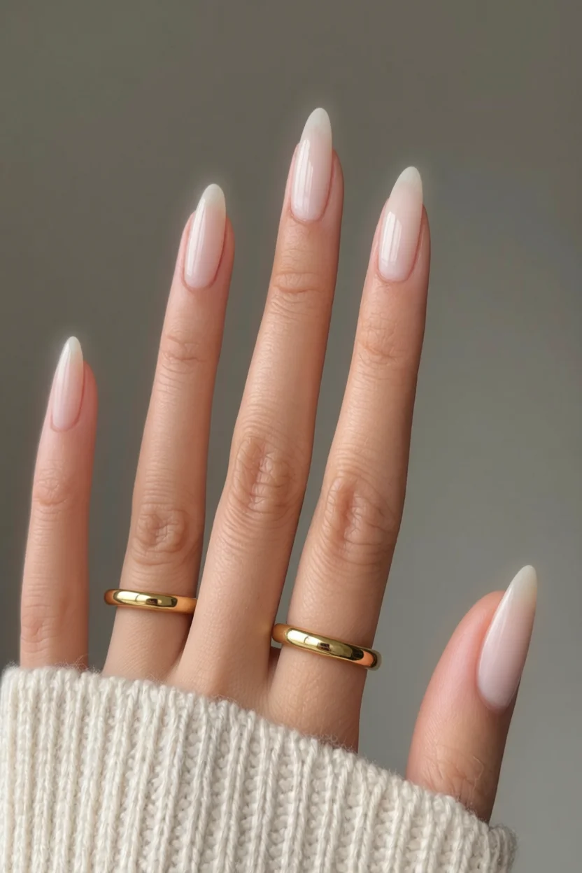 Mano con uñas largas forma almendra en tono nude brillante y anillos dorados