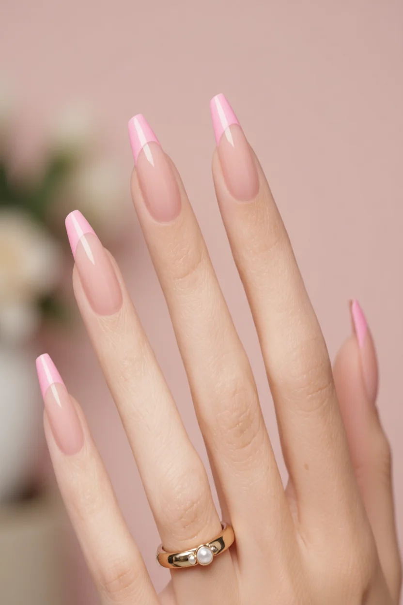 Mano con uñas largas almendradas en diseño francés rosa pastel sobre base nude translúcida