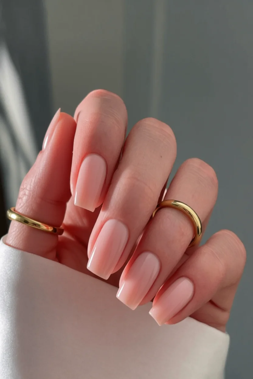 Uñas largas formato almendrado en tono nude rosado brillante con anillos dorados