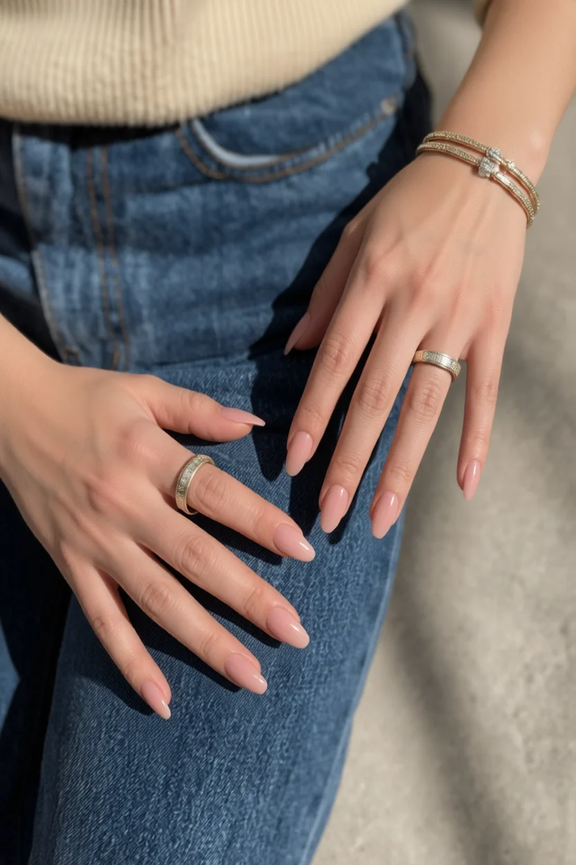 Uñas largas en forma almendrada con esmalte nude rosado y accesorios dorados