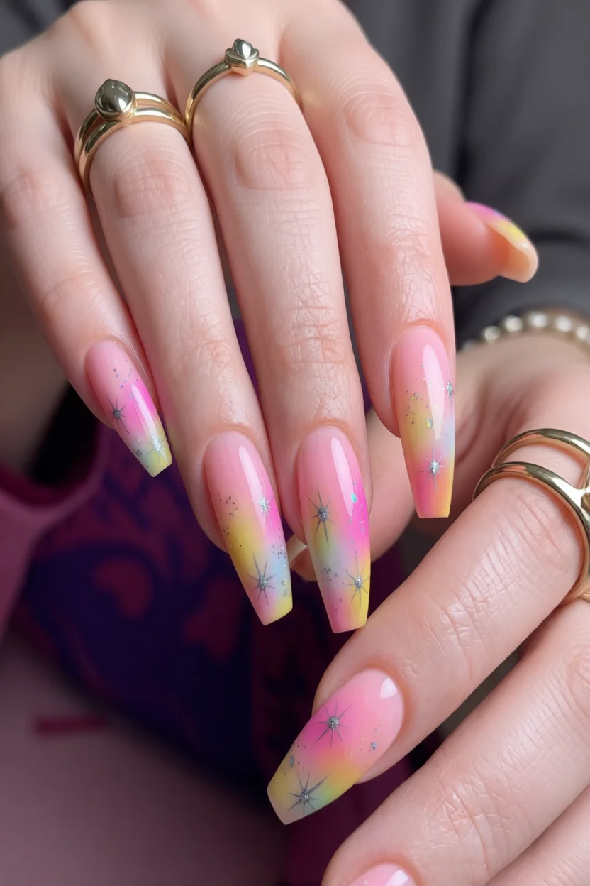 Uñas largas estilo coffin con degradado rosa a amarillo y estrellas decorativas