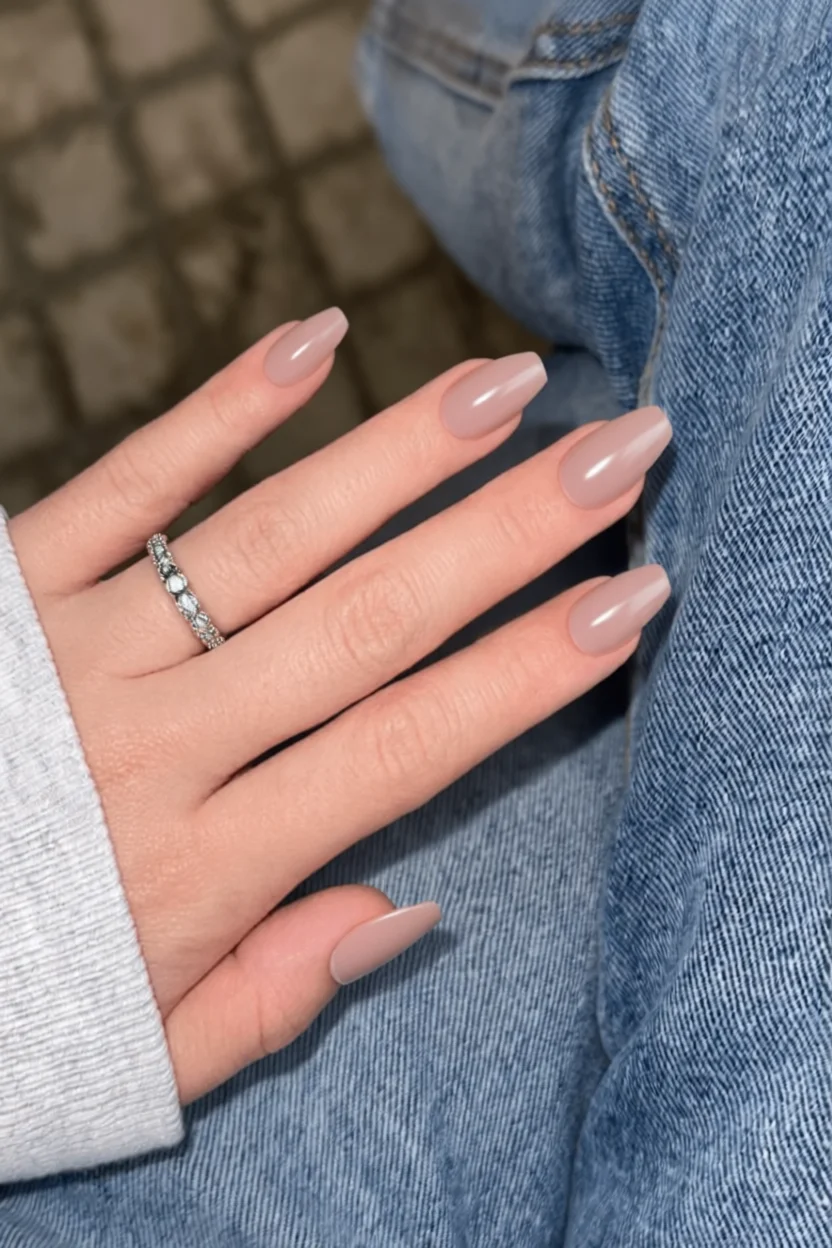 Mano con uñas largas en forma almendrada color nude rosado con brillo glossy