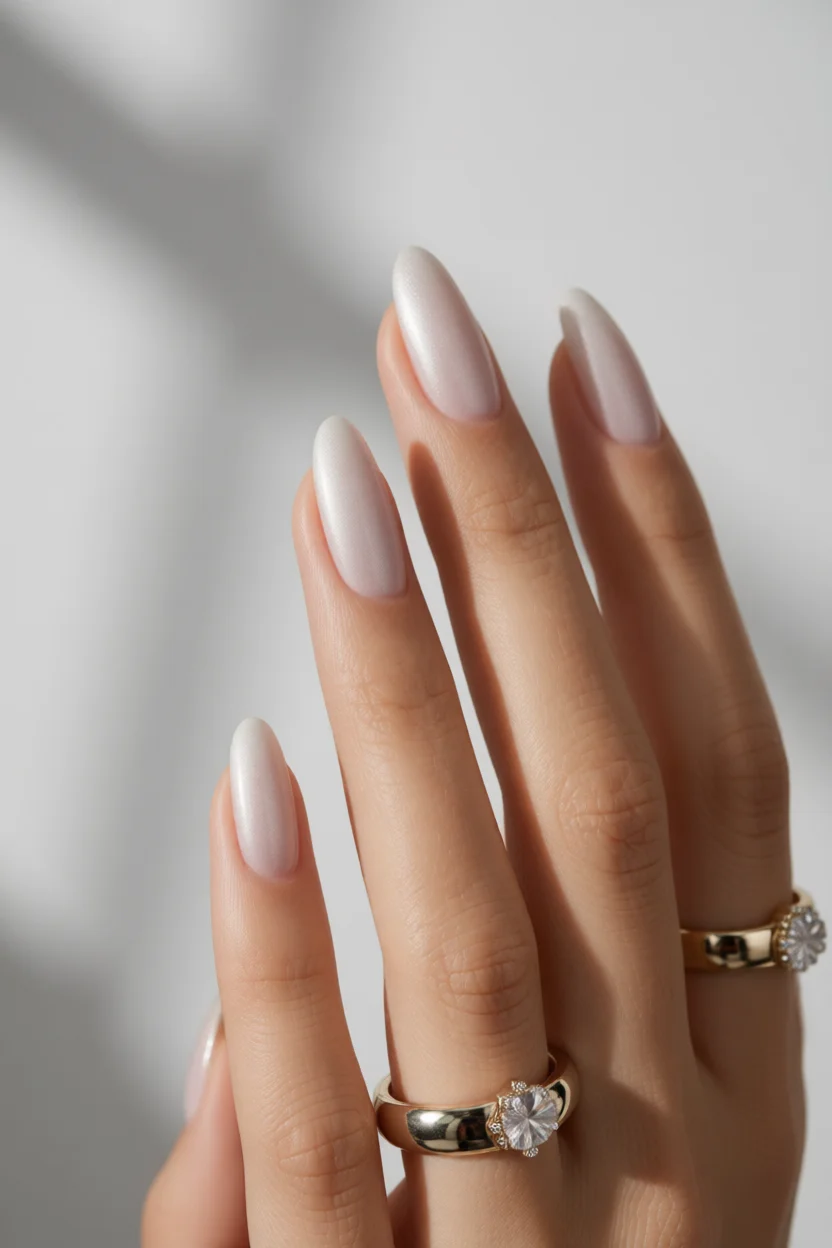 Mano con uñas almendra largas en tono perla brillante