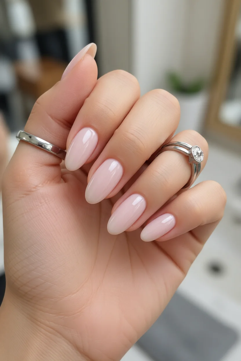 Mano con uñas ovaladas esmaltadas en rosa pastel brillante