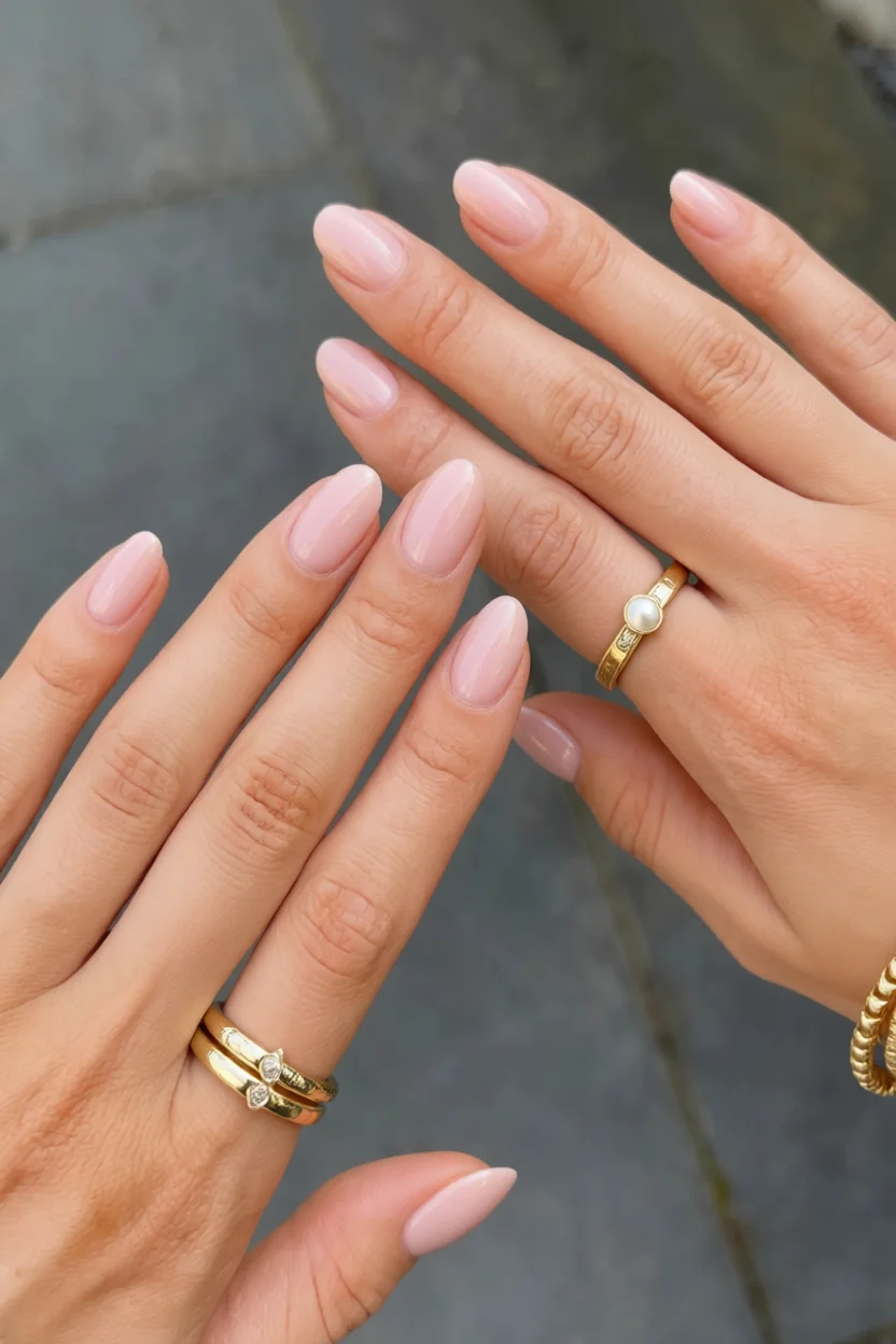 Manos con uñas en forma almendrada pintadas de rosa pastel brillante