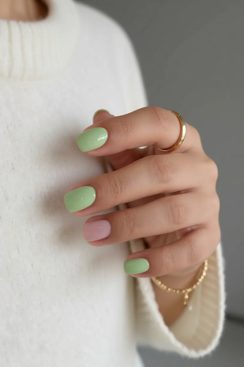 Uñas cortas cuadradas con esmalte verde menta brillante y uña anular en rosa pastel