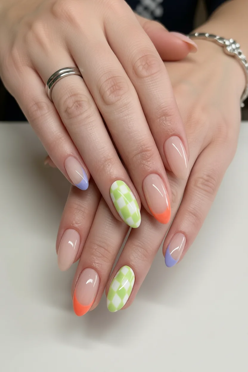 Uñas almendradas con base nude y puntas francesas en lavanda, naranja y estampado verde y blanco a cuadros